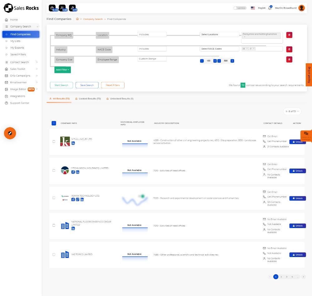 Sales.Rocks B2B Leads Company Database Search