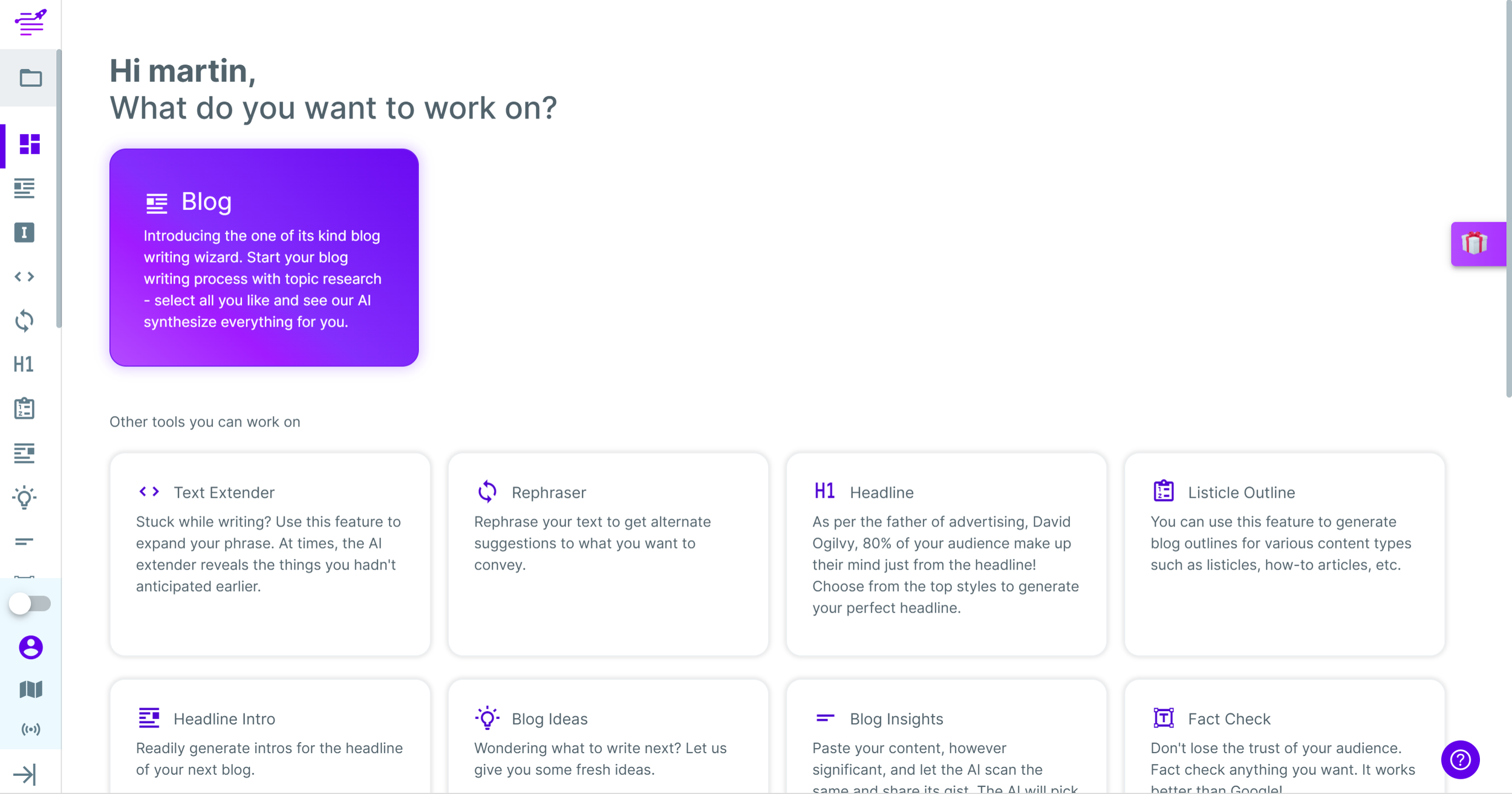 Screenshot of Longhsot Ai copywriting dashboard
