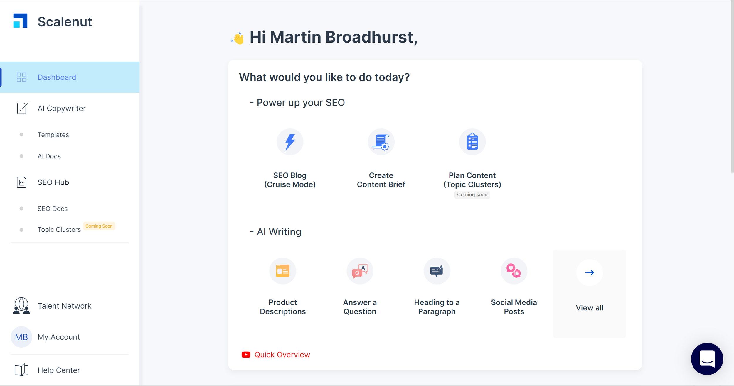 Screenshot of Scalenut AI writer dashboard
