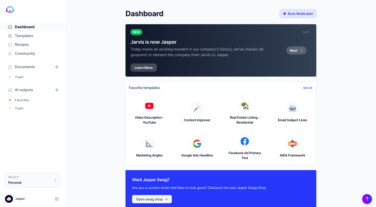 Screenshot of Jasper AI copywriter dashboard