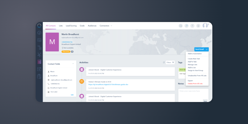 vbout contact record screenshot